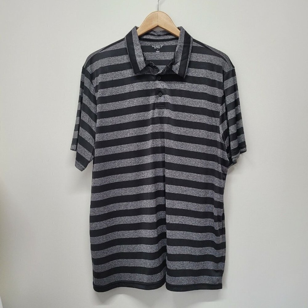 Old Navy Active Go Dry Shirt Large Mens XL Black Gray Striped Polo Short Sleeve